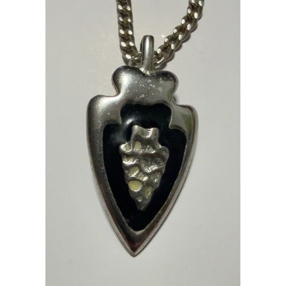 T30271-Signed Royal Silver Tone Arrowhead Pendant Black Enamel Necklace